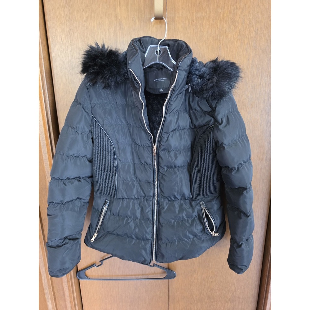 Marc New York Andrew Marc Black Hooded Fur Trim Quilted Puffer Coat M Mid-Length